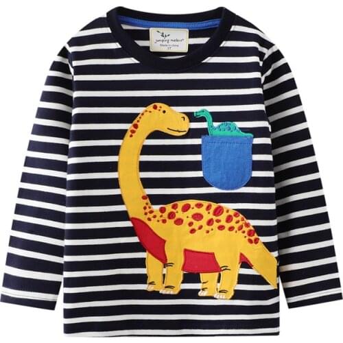 Autumn Spring Animals Dinosaur Applique Boys Girls T shirts Cotton Stripe Pockets Fashion Baby Long Sleeve Tops Tees