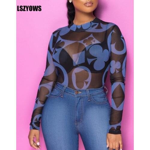 Spring Sexy Women T-Shirts See Through Perspective Mesh Tops Printed O Neck Long Sleeve Transparent Slim T Shirt Party Club Wear