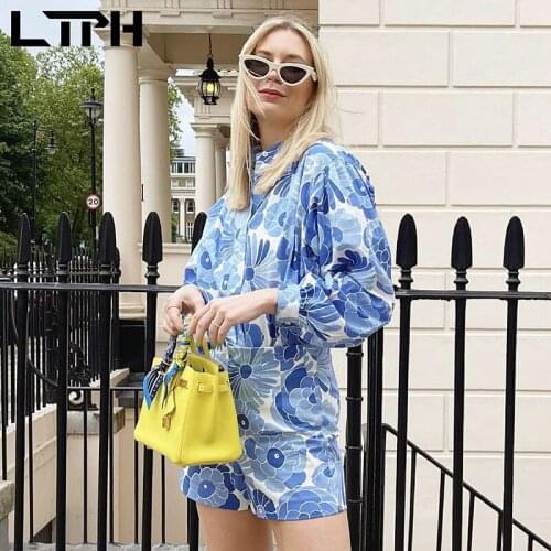 LTPH vintage 2 piece set women fashion blue print loose floral shirt texture thin high waist casual shorts sets 2021 summer new