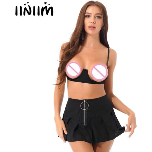 Women Exotic Lingerie Set Sexy Nightwear Half Cup Open Bra Underwire Bra Brassiere Top with O Ring Zipper Pleated Mini Skirts