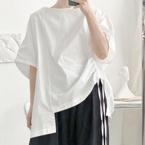 Summer Mens Short Sleeve Black White 100% Cotton Shirt Asymmetric Sleeve Loose Top C44