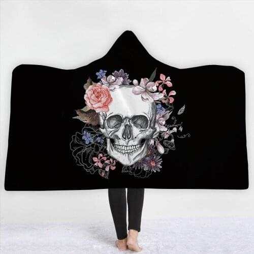 Fashion Skull Flower Hooded Blanket for Adults Floral Gothic Sherpa Fleece Wearable Throw Blanket Microfiber T530
