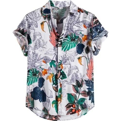 Vintgae Ethnic Leaf Printing Mens Shirts Turn Down Collar Short Sleeve Casual Hawaiian Shirt Blouse Cotton Linen Tops Chemise
