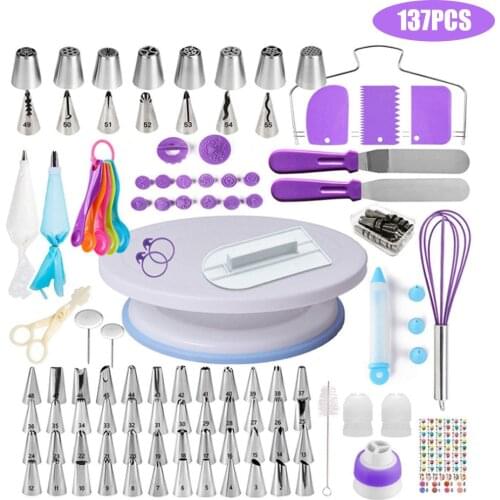 137Pcs Cake Decorating Supplies Kit Rotary Turnable Baking Tool Russian Piping Nozzle Piping Bag Set Baking Supplies Sets