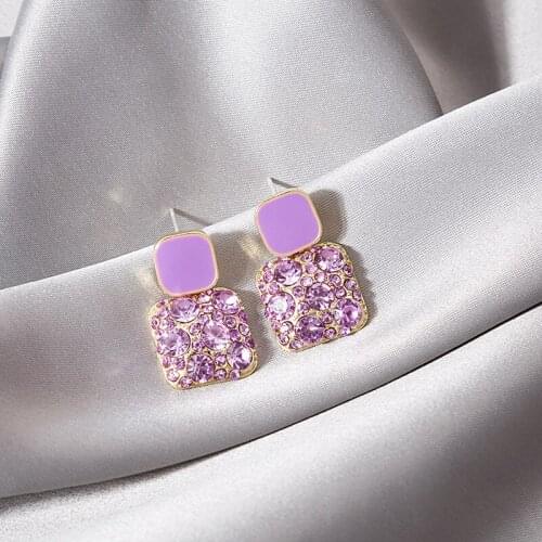 New 2020 Korean Purple Shiny Crystal Geometric Women Earrings Contracted Sweet Lovely Heart Fine Fashion Drop Earrings Jewelry