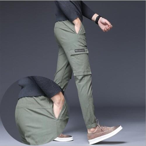 2020 New Men Slim Multi-pocket Quick-drying fabric Casual Pants Fashion ArmyGreen Elastic waist Drawstring Cargo Jogger trousers
