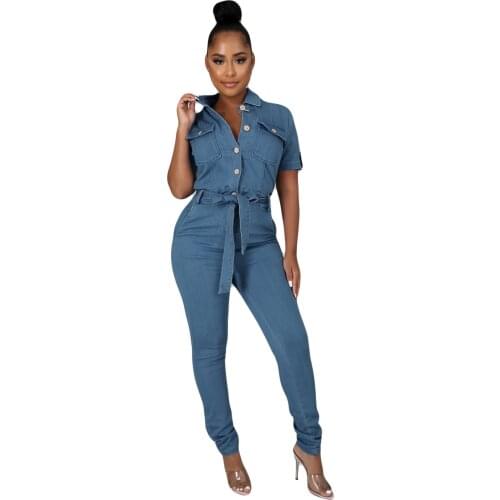 New womens casual denim Jumpsuit Autumn and winter short sleeve lace up one piece overalls