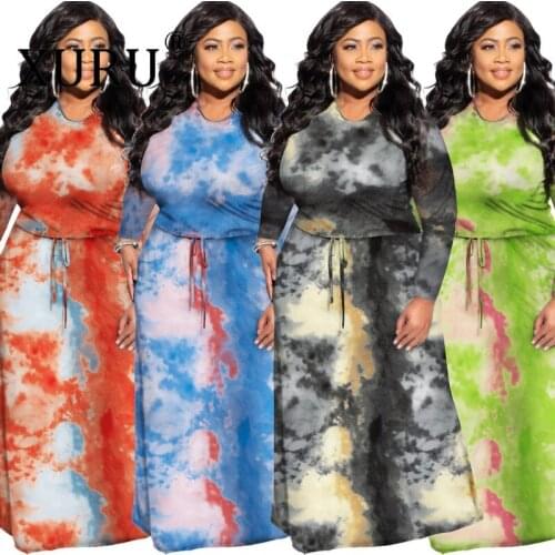 XURU Round Neck Long Sleeve Shrink Waist Tie Dye Large Size Dress Long Printed Dress