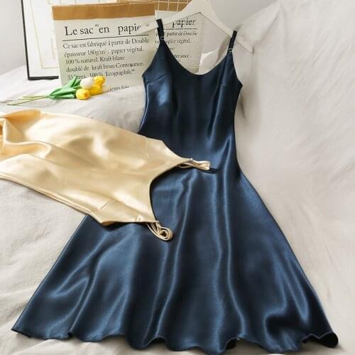 French Sexy Women Dress V-neck Halter Midi Sleeveless Stain Knee-length Dress Waist Hugging Slim All-match Thin Shiny Dress