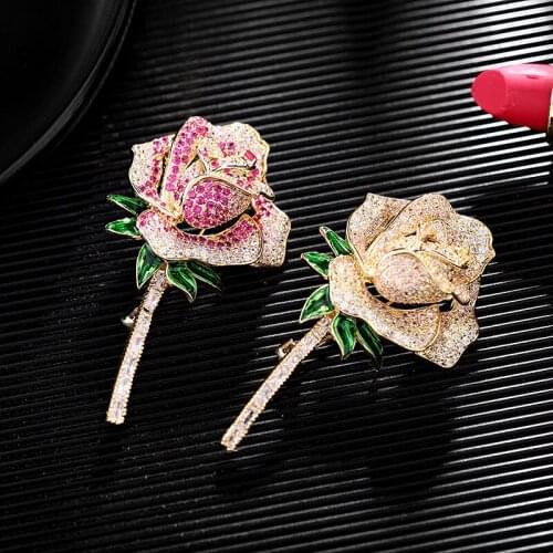 Temperament Fashion Rose Corsage Bridal Wedding Jewelry Gold-Plated Cubic Zirconia Flower Brooches Pins Luxury Brand Bouttoniere