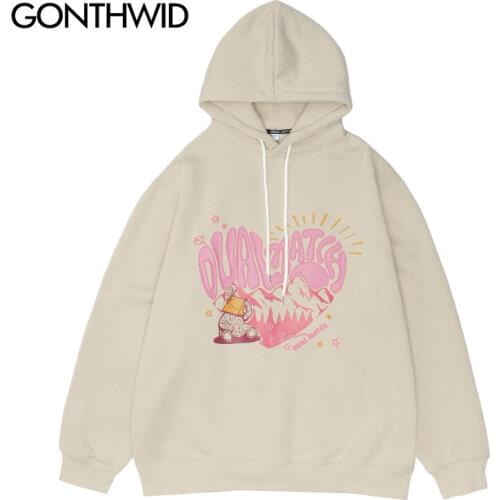 GONTHWID Fleece Hooded Sweatshirts Harajuku Heart Bear Print Pullover Hoodies Streetwear Hip Hop Fashion Casual Loose Outerwear