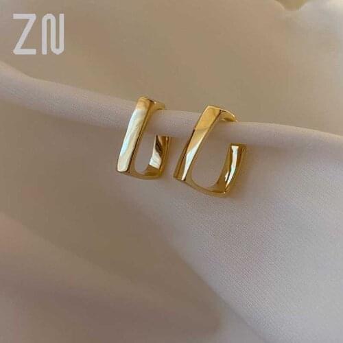 ZN Gold Color Geometric Metal Square Shape Hoop Earring 925 Silver Needle Women Fashion Jewelry Gift Trendy Personality Earrings