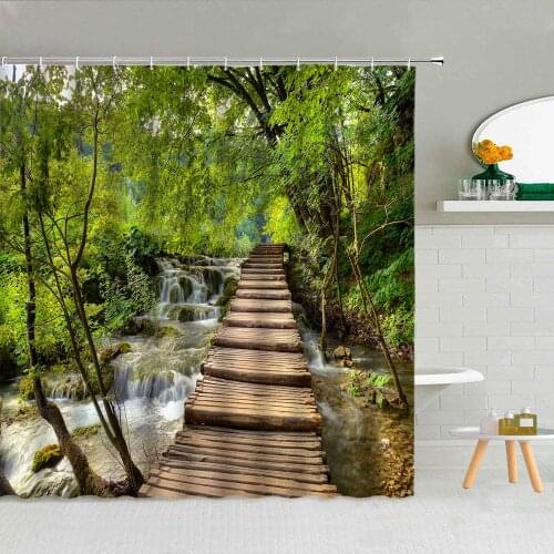 Waterfall Forest Shower Curtain Mountain Water Landscape Fabric High Quality Bathroom Supplies Decor With Hooks Cloth Curtains