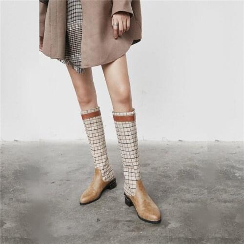 YMECHIC 2018 Winter Gothic Plaid Brown Black Boots Mid Calf High Pointed Toe Medium Block Heel Shoes Long Knight Womens Boots