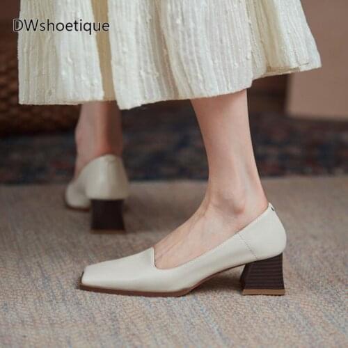Square toe women dress shoes chunky heel genuine leather slip on office lady shoes