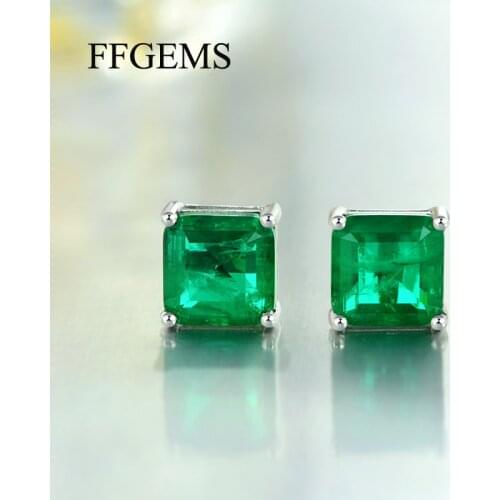 FFGems Vintage Square Emerald Gemstone Stud Earrings for Women 100% Real 925 sterling silver Anniversary Party Women Earrings