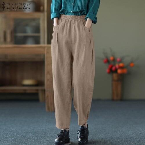 2021 ZANZEA Women Vintage Harem Pants Spring Elastic Waist Cotton Trousers Casual Solid Pantalon Turnip Long Palazzo
