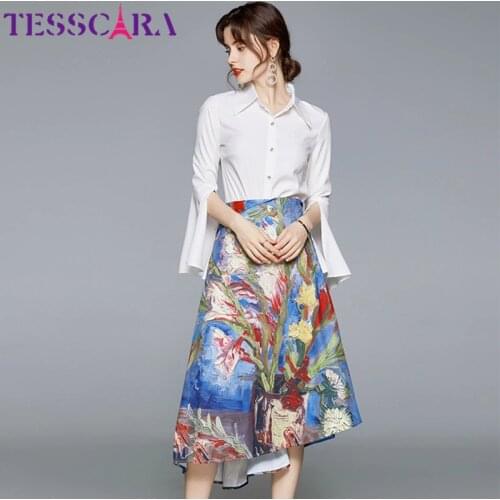 TESSCARA Women Autumn Elegant Print Dress Suit Set High Quality Long Office Party Robe Femme Designer Asymmetrical Vestidos