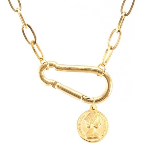 Women Necklace Lucky Coin PadLock goth Stainless steel gold color strong Carabiner charm Statement Collier long Collar choker