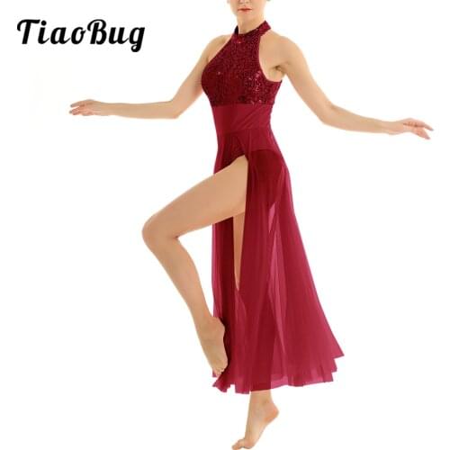 Womens Sequined Mesh Maxi Lyrical Dance Dress High Split Halter Ballet Dance Leotard Performance Dress