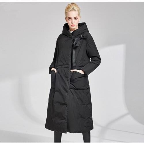 Winter big pockets warm natural white duck down coats female oversized hooded longer down parkas warm duckDown coat F1854