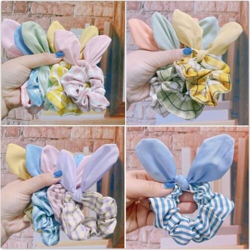 10pcs girls cute Bunny ears fabric large intestine circle hair circle hair rope Pure color plaid fashion girl hair accessories