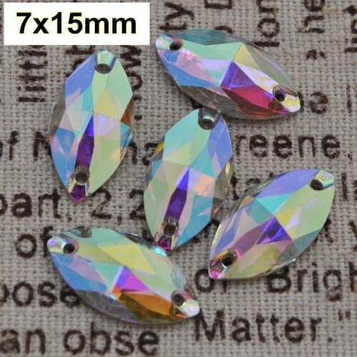 Free Shipping, 100pcs/Lot, 7*15mm Crystal AB / Clear AB Marquise resin sewing on stones flat back sew on stones