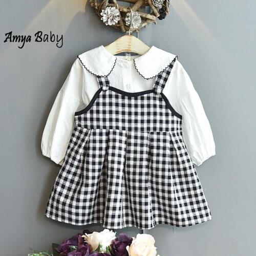 Girls Christmas Outfit White Peter Pan Collar Long Sleeve Blouse + Plaid Dress Two Piece Set Princess Kids Fall Clothing