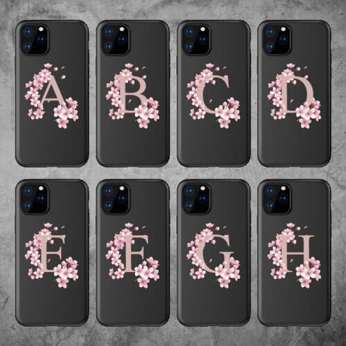 Custom Cherry Blossom Flower A to Z Initial Alphabet Soft TPU Phone Case Cover For iPhone 12 XS XR 11 Pro Max 8 8Plus X 7Plus