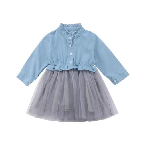Toddler Kids Baby Girl Long Sleeve Denim Lace Patchwork Tutu Tulle Princess Party Dress 1-6Y