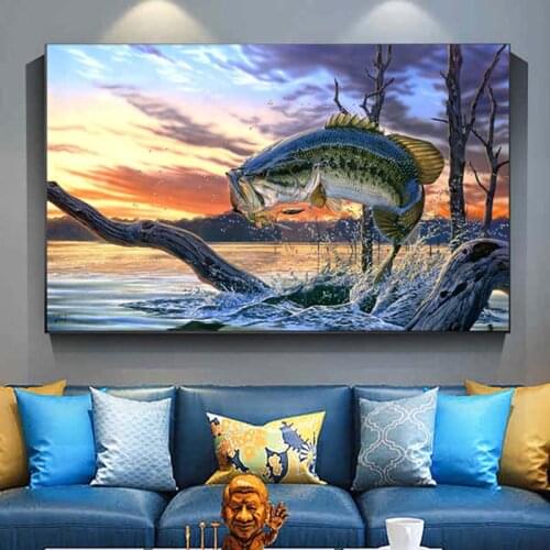 Jumping Largemouth Bass Fish Canvas Oil Painting On Wall Art Poster And Prints Lake Animal Picture Modern Home Decoration