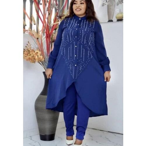 2 Two Piece Set African Dresses For Women Clothes African Sets Diamond Elastic Bazin Tops Pants Style Dashiki Famous Suit Ladies