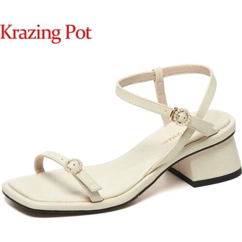 Krazing Pot genuine leather square toe med heel metal fasteners pearl simple style buckle straps mules peep toe women pumps L7f5