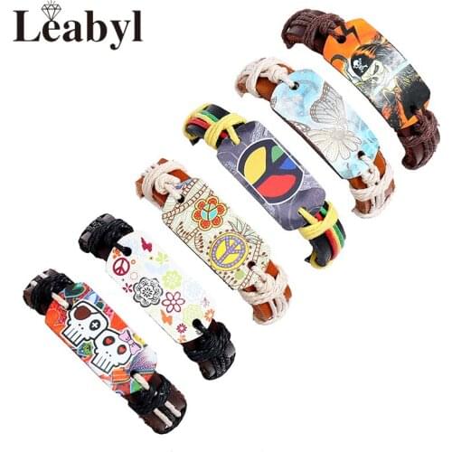 Leabyl New Dropshipping Colorful Cartoon Flower Pattern Charm Vintage Bracelet Set Retro Cowhide Leather Punk Bracelet Unisex
