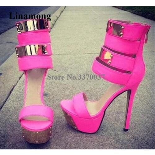 Linamong Fashion Open Toe Gold Metal Toe High Platform Sandals Ankle Straps Super High Heel Sandals Evening Club Shoes