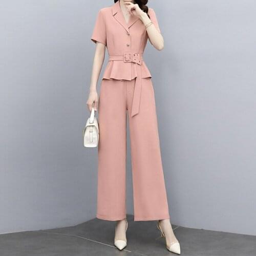 Summer New Women Set Short Sleeve Notched Belt Top Wide Leg Pants Suit Two Piece Sets Casual Office Lady Outfits