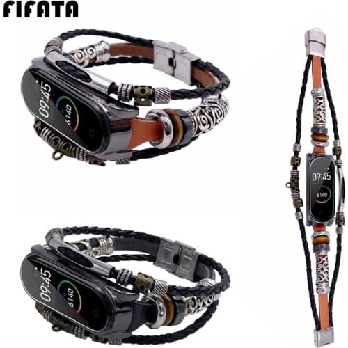 FIFATA Retro Beaded Style Metal+Leather Replacement Watch Strap For Xiaomi Mi Band 4/Mi Band 3 Smart Watch Wristband Accessories