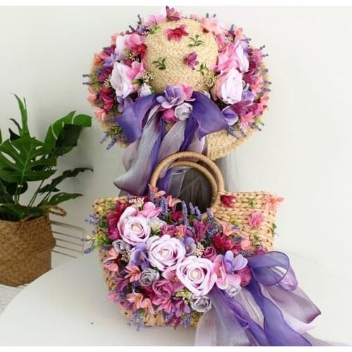 2021 Luxury Straw Bag for Women Hand-Woven Handbag Flower Ribbon Rattan Bags Larger Capacity Casual Beach Bag with Sun Hat