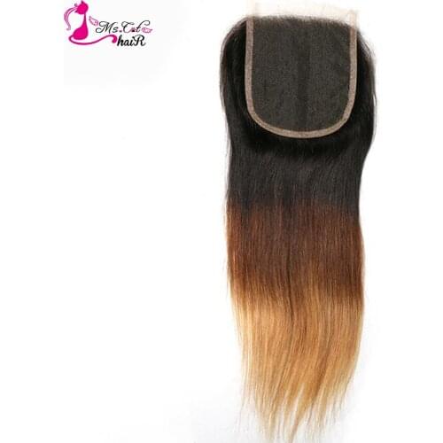Ms Cat Hair Ombre Color 1B/4/27 3 Tone Brazilian Straight Hair 4''x 4'' Free Part Swiss Lace Closure Remy Human Hair Closure