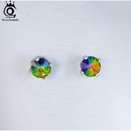 ORSA JEWELS Pure S925 Sterling Silver Women Stud Earrings Crystal Stud Earrings Rainbow Color Earrings Trendy Fine Jewelry SWE02