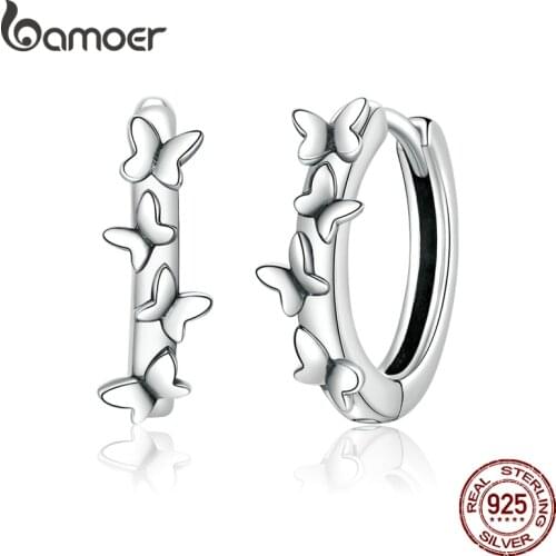 Bamoer Silver 925 Jewelry Elegant Butterflies Ear Hoops Earrings for Women Sterling Silver Fine Jewelry Pendientes SCE927