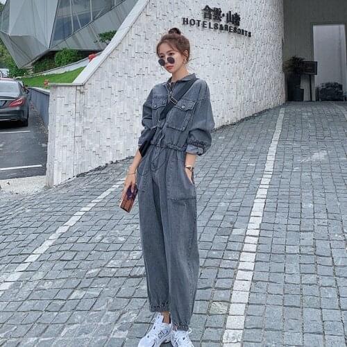 Women Long Sleeve Safari Style Vintage Gray Denim Jumpsuit Street Hip Hop Loose Harem Jeans One Piece Cargo Pants Overalls 8810