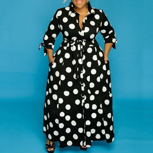 Echoine Long Sleeve Black and White Dot Print Long Maxi Dress Women Elegant Party Club Holidays Robe Ladies Vintage Vestidos