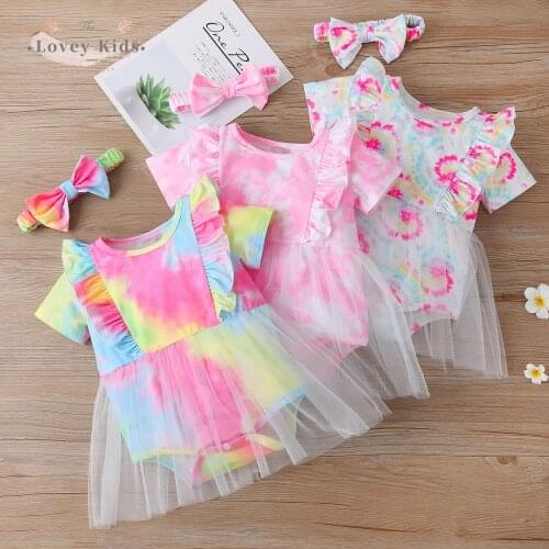 2021 Baby Girl Bodysuits O Neck Ruffle Sleeve Tie Dye Print Tutu Mesh Overalls Headband Infant Toddler Clothes Two Piece Set