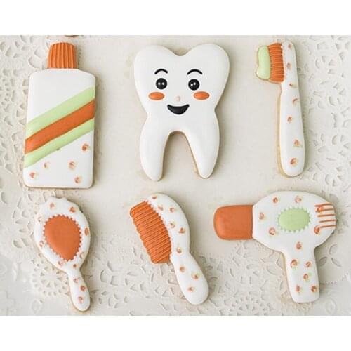 6pcs patisserie reposteria Mirror comb metal Cookie Cutter Fondant Cake Decor tooth toothpaste Biscuit candy Pastry Shop DIY