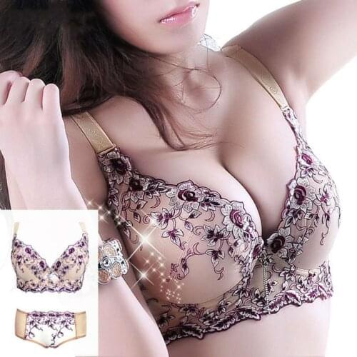 Slimgril Womens Sexy Lace Bra Set Floral Embroidery Push Up Adjustable Bra & Brief Sets Female Big Size A B C D Cup Underwear