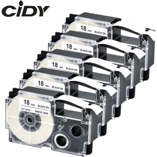 CIDY 5pks XR-18WE XR 18WE 18mm black on white label tape compatible for Casio label maker KL-60-L KL-120L strong adhesive label