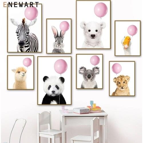 Nursery Wall Art Pink Balloon Rabbit Elephant Canvas Painting Giraffe Lion Tiger Nordic Print Poster Pictures Baby Room Decor