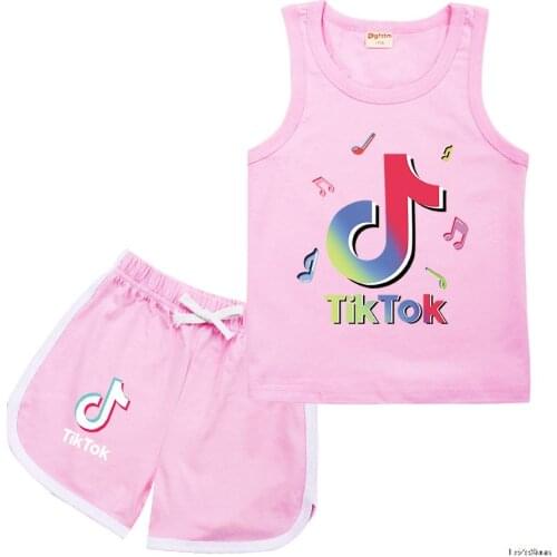 Childrens Suit 2-piece Set Baby Boy Summer Tik Tok Cartoon Pattern Baby Girls Vest T-shirt + Pants Girl Letter Printing