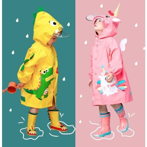 1-10 Years Old Child Cartoon Dinosaur Unicorn Waterproof Hooded Raincoat Kids Safe Night Reflective Rainwear Kid Rain Gear Suit